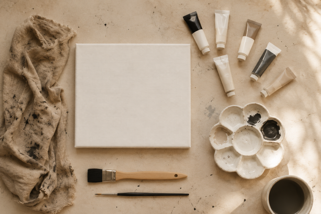 Overhead photograph. Canvas, generic acrylic tubes, two or three brushes, ceramic palette, linen cloth. Bright natural light. 
