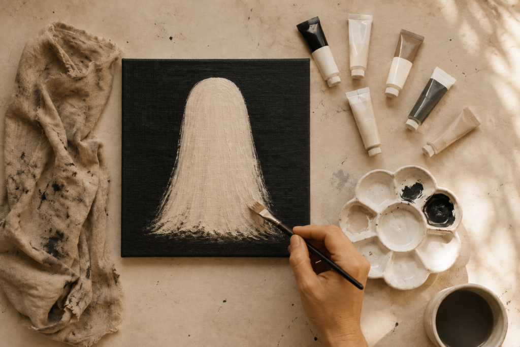 Ghost shape approximately 70% complete. Hand and brush visible.