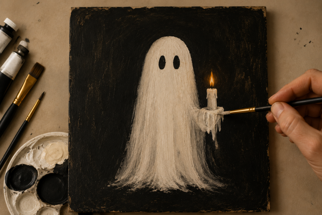 Macro photograph of ghost, candle and flame.