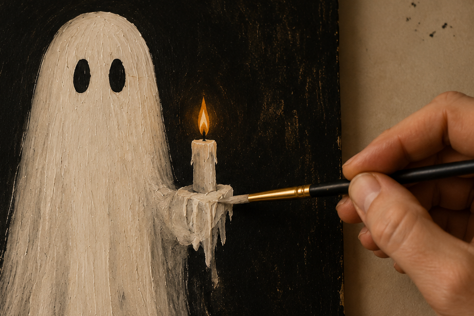 Macro photograph of ghost, candle and flame.
