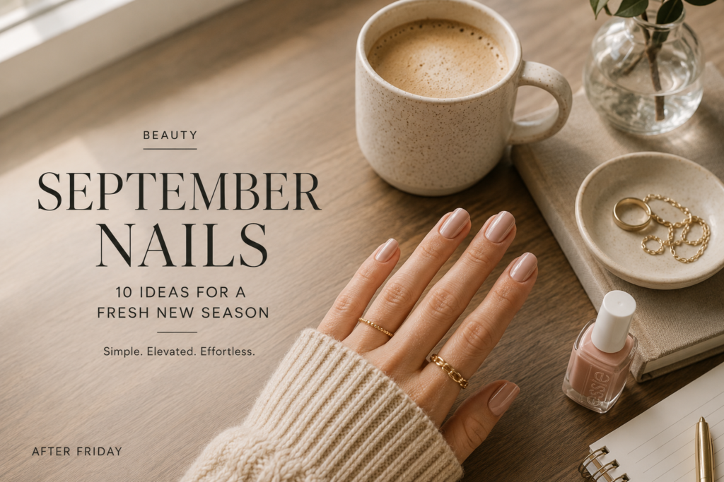 Woman at a desk wearing short burgundy nails with a planner, coffee, and laptop for a September reset.