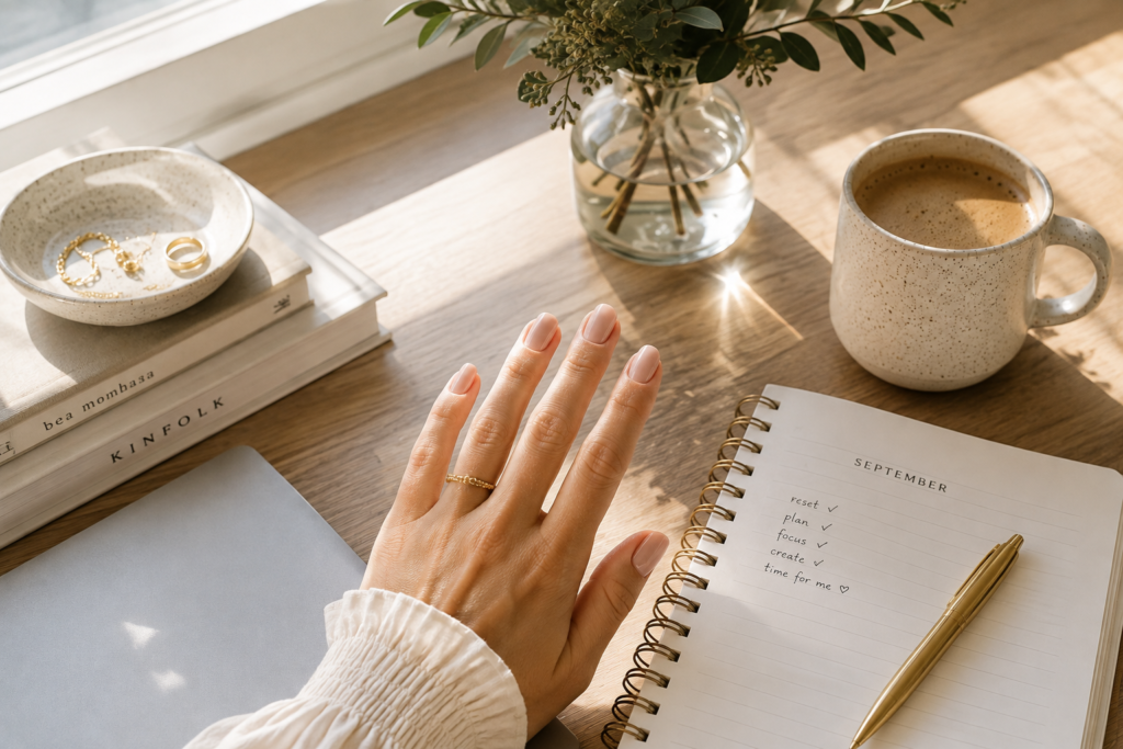 Bright September desk scene with a neutral manicure, notebook, and coffee in natural window light.