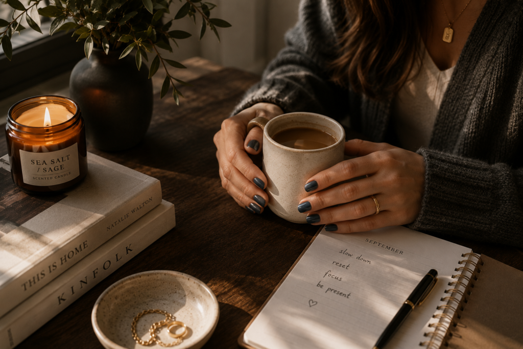 Woman wearing short slate blue nails beside books and a candle in warm late-afternoon September light.