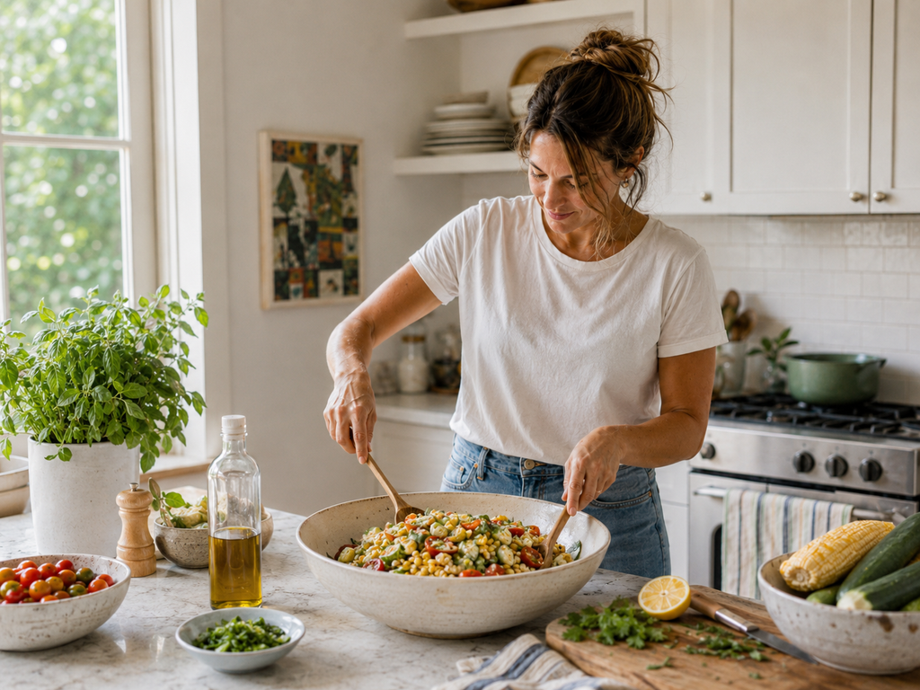 Woman tossing a fresh corn and tomato salad in a bright kitchen before a Labor Day cookout.