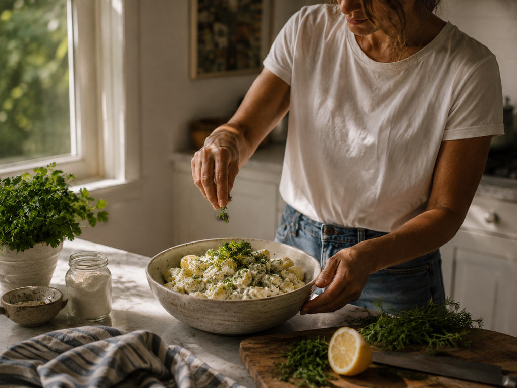 Creamy dill potato salad being finished with fresh herbs beside a kitchen window.