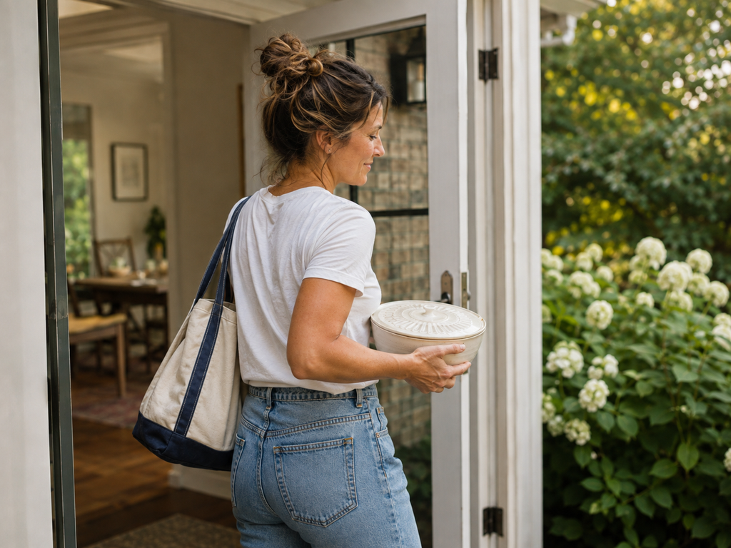 Woman carrying a covered side dish and tote bag on her way to a casual Labor Day cookout.