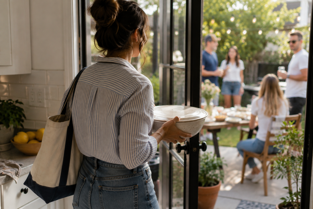 Woman carrying a covered serving bowl through the back door to a late-summer backyard cookout.