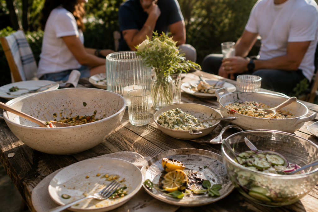 Nearly empty serving bowls and plates on a casual backyard table after a Labor Day cookout.