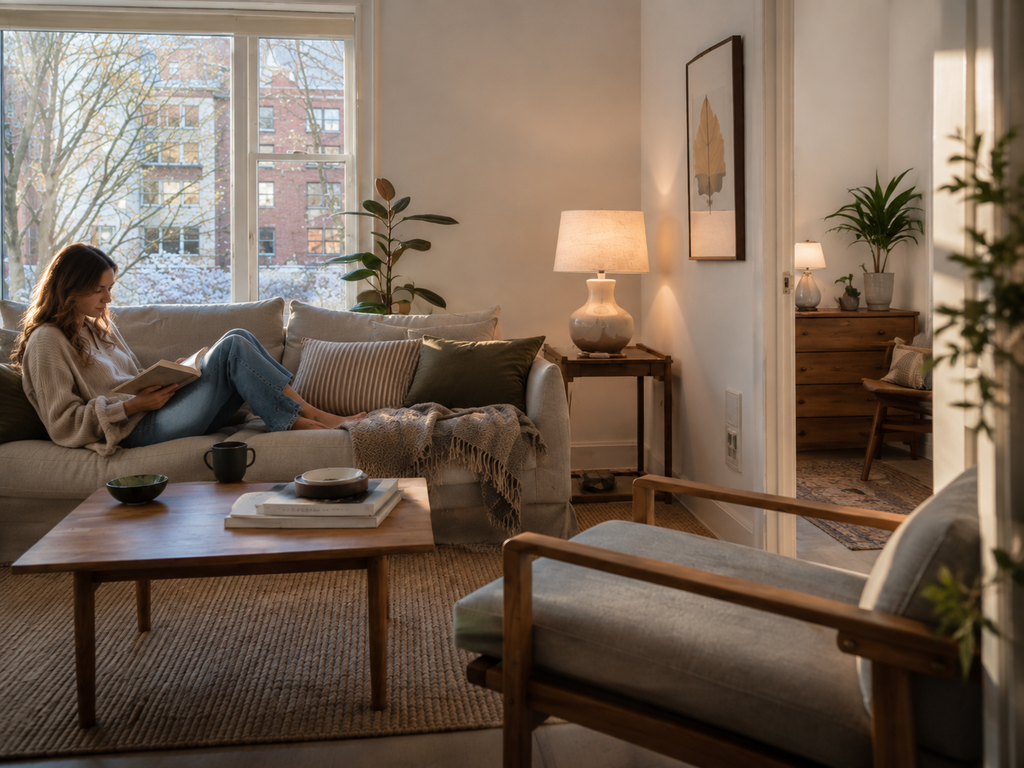Bright apartment living room with a table lamp turned on beside a relaxed reading area in late-afternoon light.