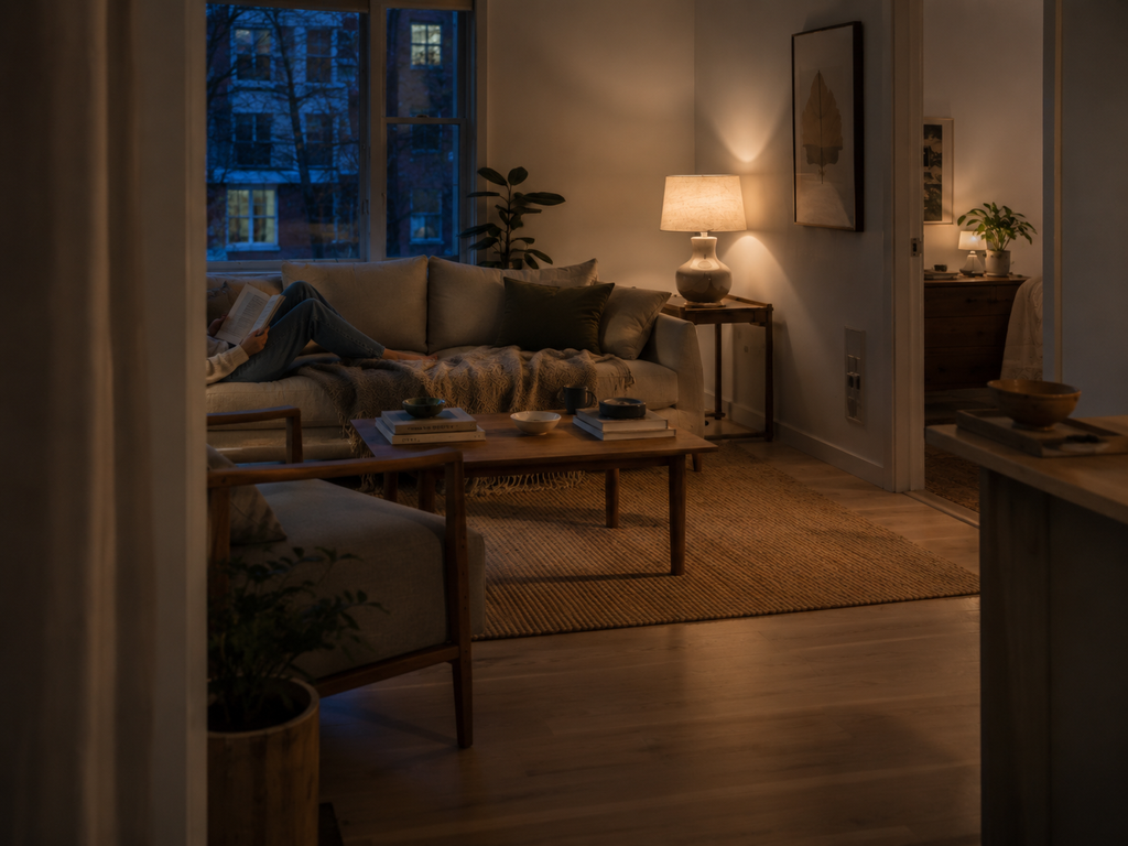 Woman reading on a sofa beside a warm table lamp during a quiet evening at home.