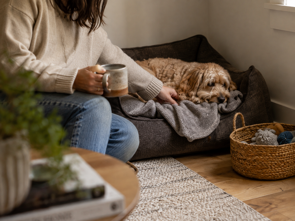 Person adjusting a soft gray blanket beside a relaxed dog in a living room pet bed.