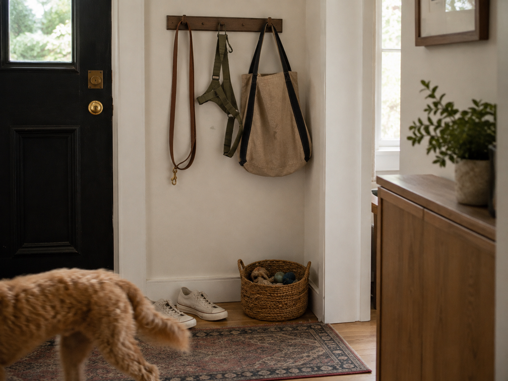 Small entryway pet station with a dog leash on a wall hook, canvas tote, shoes, and woven toy basket.