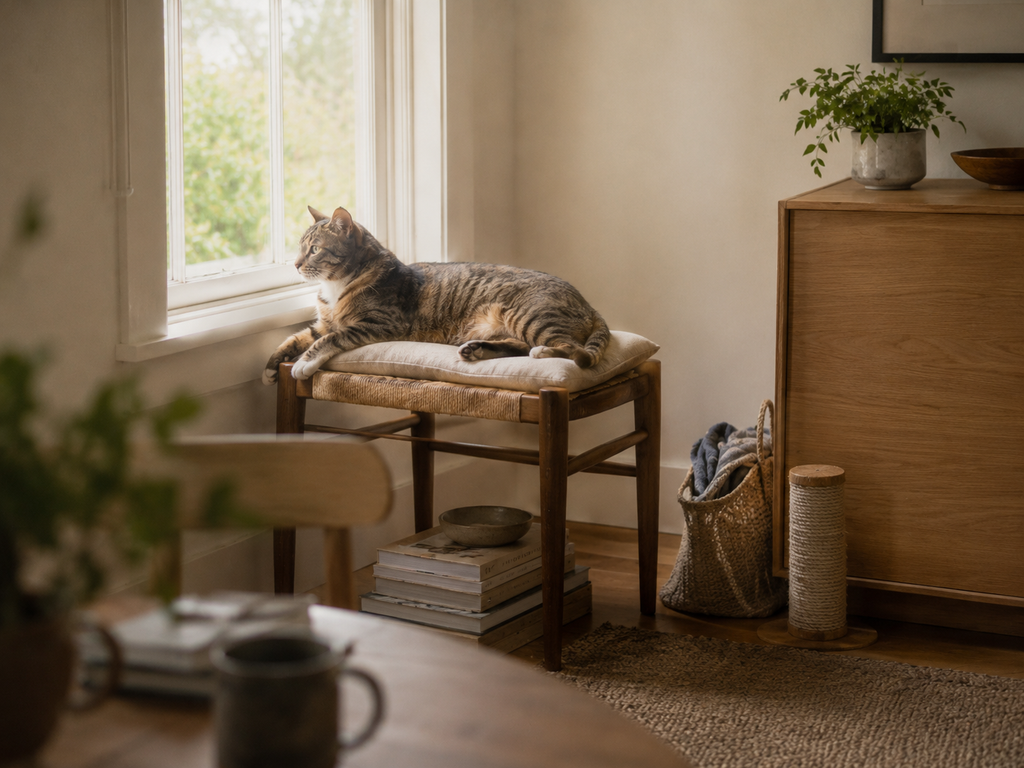 Cat relaxing on a simple window-side perch in a warm, lived-in apartment with books and natural textures.