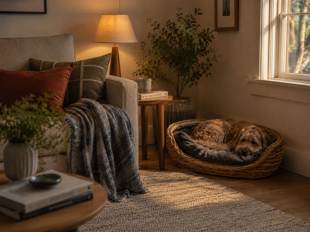 Dog sleeping in a woven pet bed beside a sofa and warm lamp in a cozy living room at dusk.