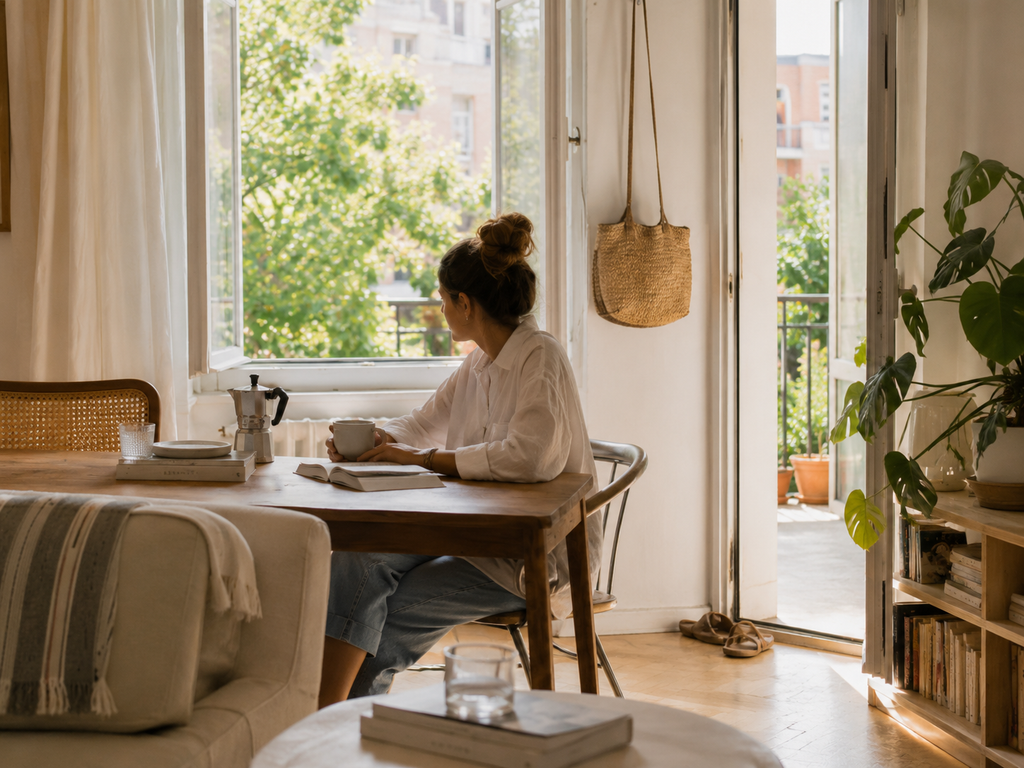 Suggested alt text: Woman enjoying a slow coffee and an open book beside bright apartment windows on Labor Day weekend.