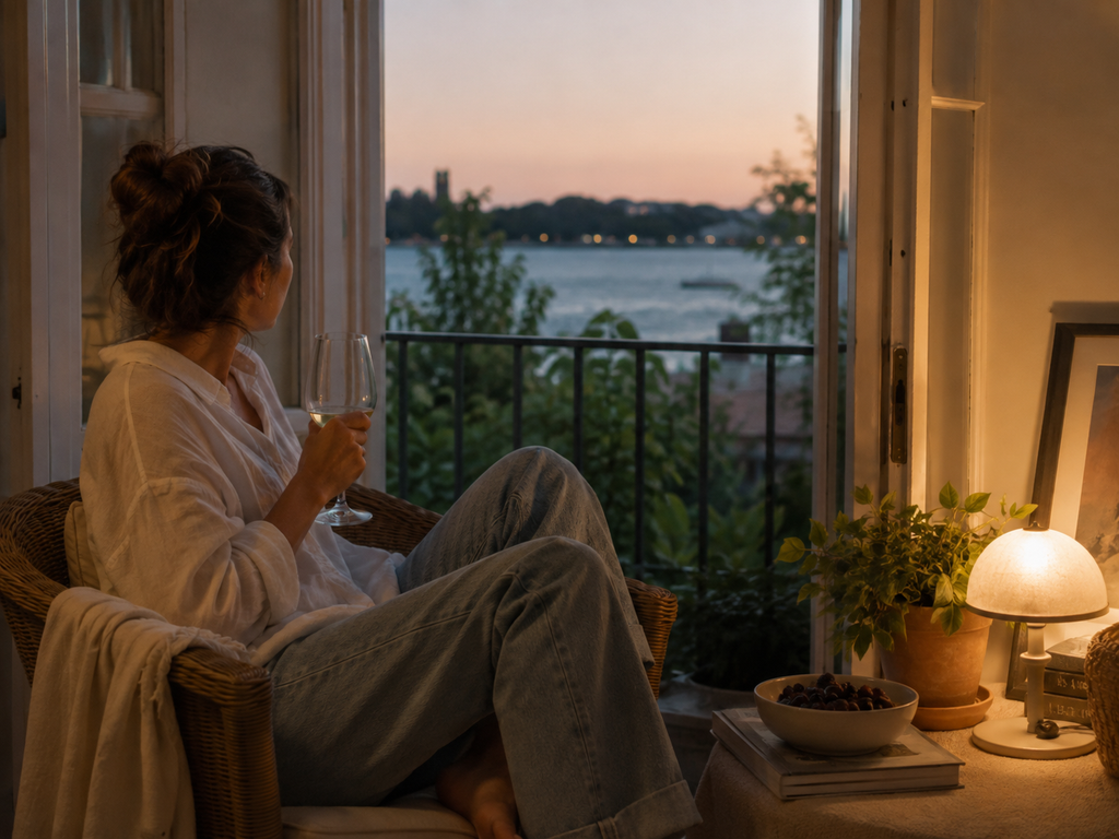 Woman relaxing beside an open window at dusk with a drink during a quiet Labor Day weekend evening.