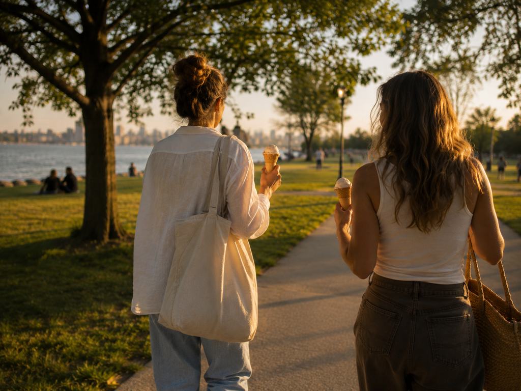 Two people taking an easy golden-hour walk with ice cream near a neighborhood park at the end of Labor Day weekend.