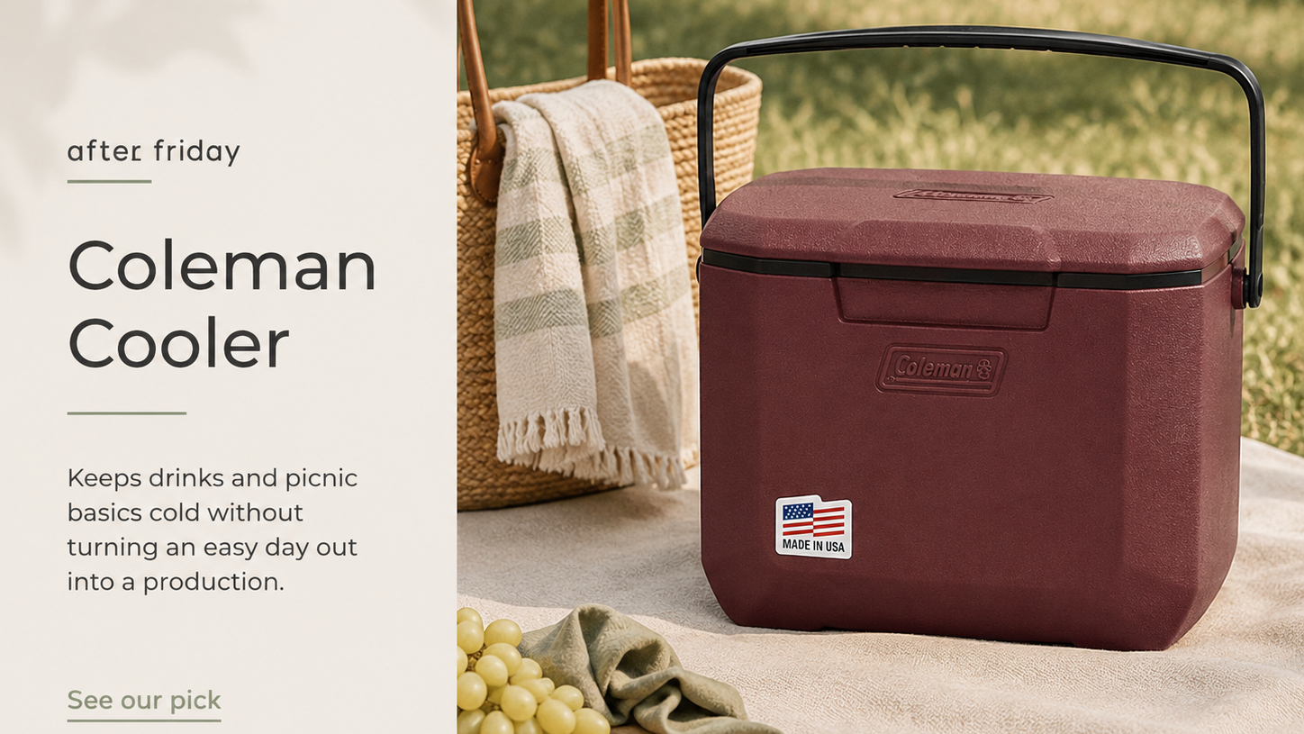 Coleman hard-sided cooler styled on a picnic blanket with simple summer snacks for an easy outdoor day.