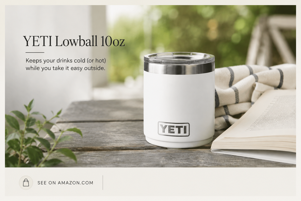 White YETI Lowball tumbler styled on a relaxed outdoor table for casual Labor Day weekend drinks.