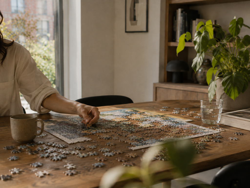 Partially completed jigsaw puzzle on a modern dining table with coffee and soft afternoon light.