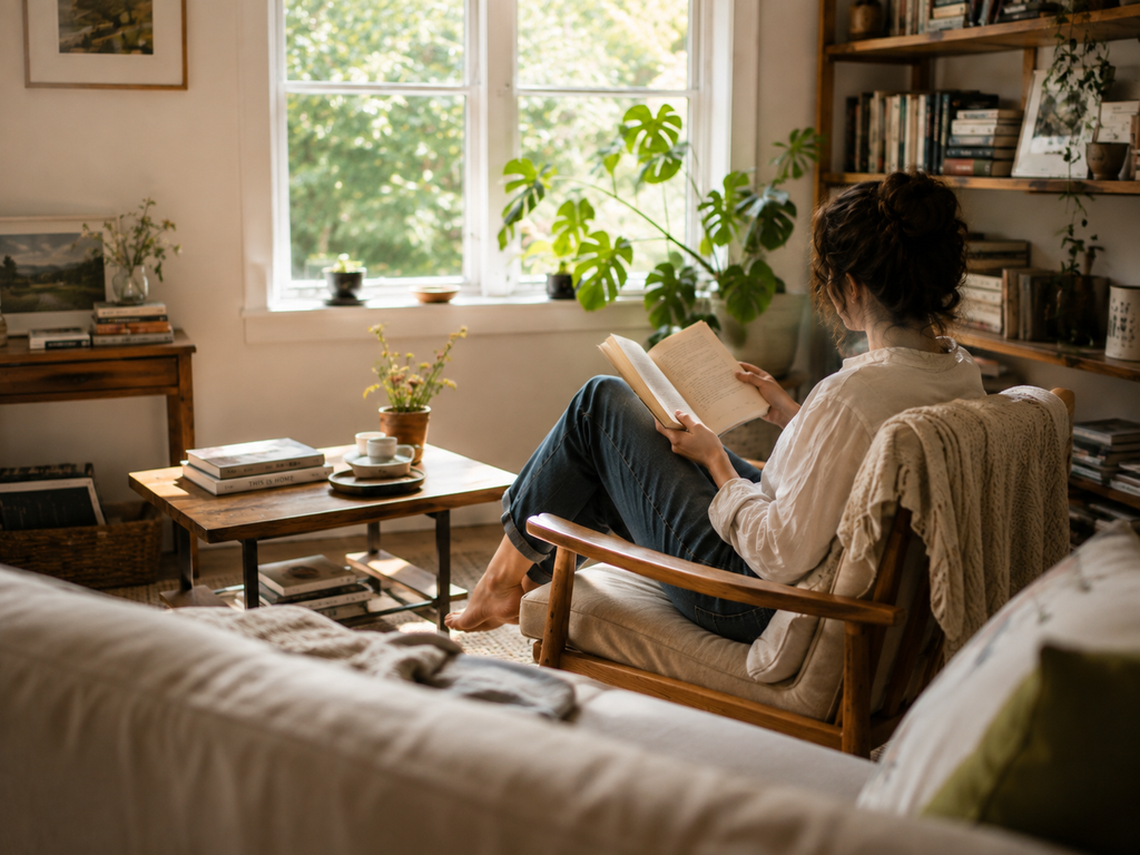 Woman reading a book beside a large window in a bright modern living room on a quiet weekend.