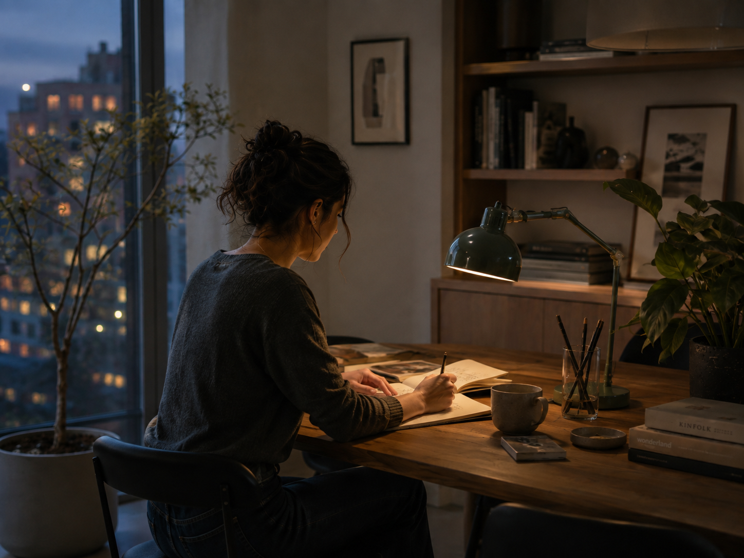 Woman writing in a notebook beneath a desk lamp in a modern apartment on a quiet evening.