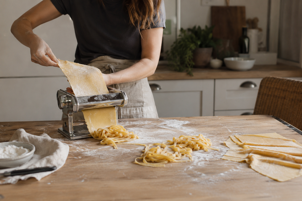 Hands rolling fresh homemade pasta through a pasta machine on a flour-dusted wooden table.