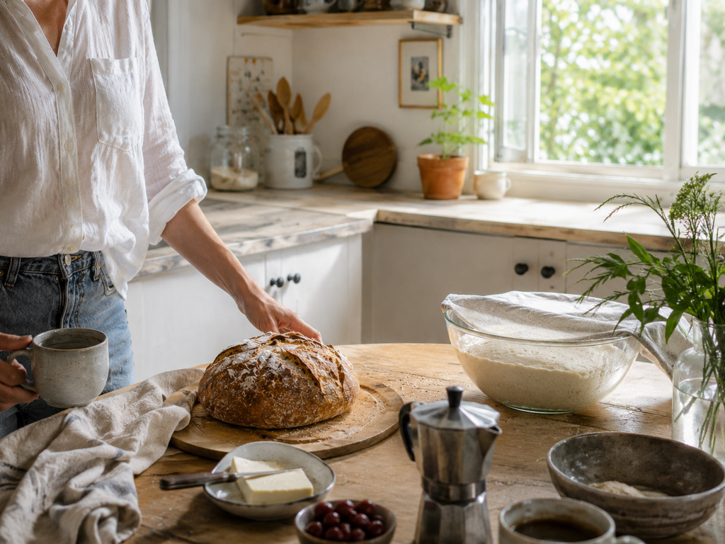 Bright home kitchen with homemade bread dough, a fresh loaf, coffee, and simple baking ingredients.