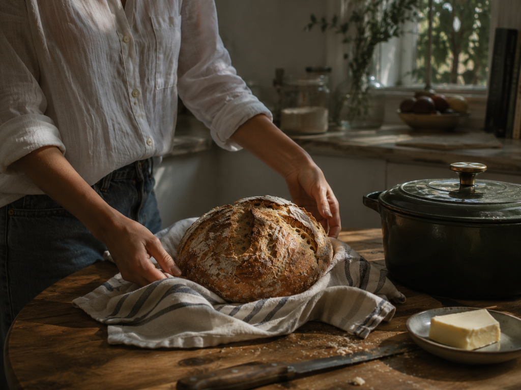 Freshly baked crusty no-knead bread beside a Dutch oven in warm late-afternoon kitchen light.