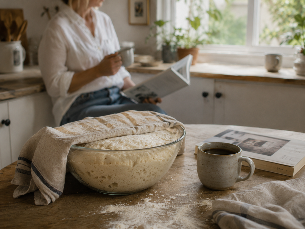 Bowl of bread dough resting on a kitchen counter while someone enjoys coffee nearby.