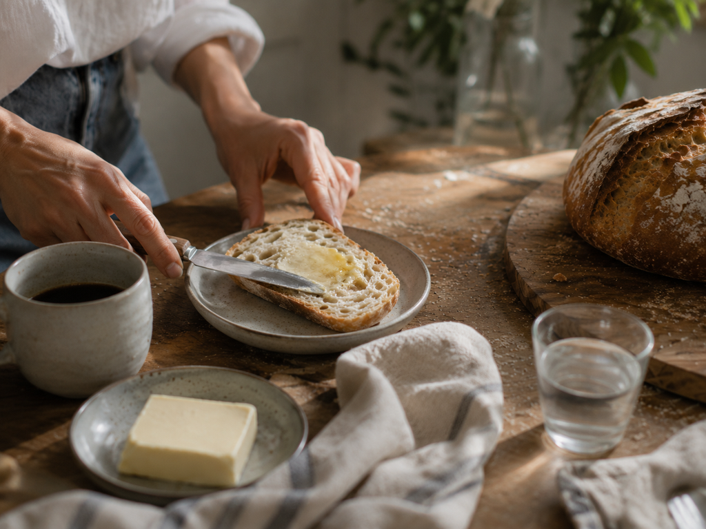 Slice of homemade no-knead bread with melting butter and coffee on a relaxed weekend table.