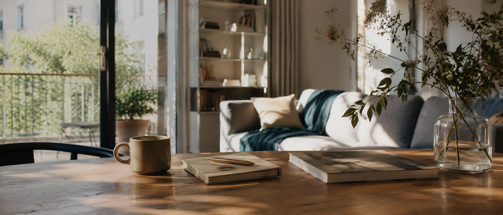 Sunlit apartment with coffee, a notebook and leafy branches on a wooden table.