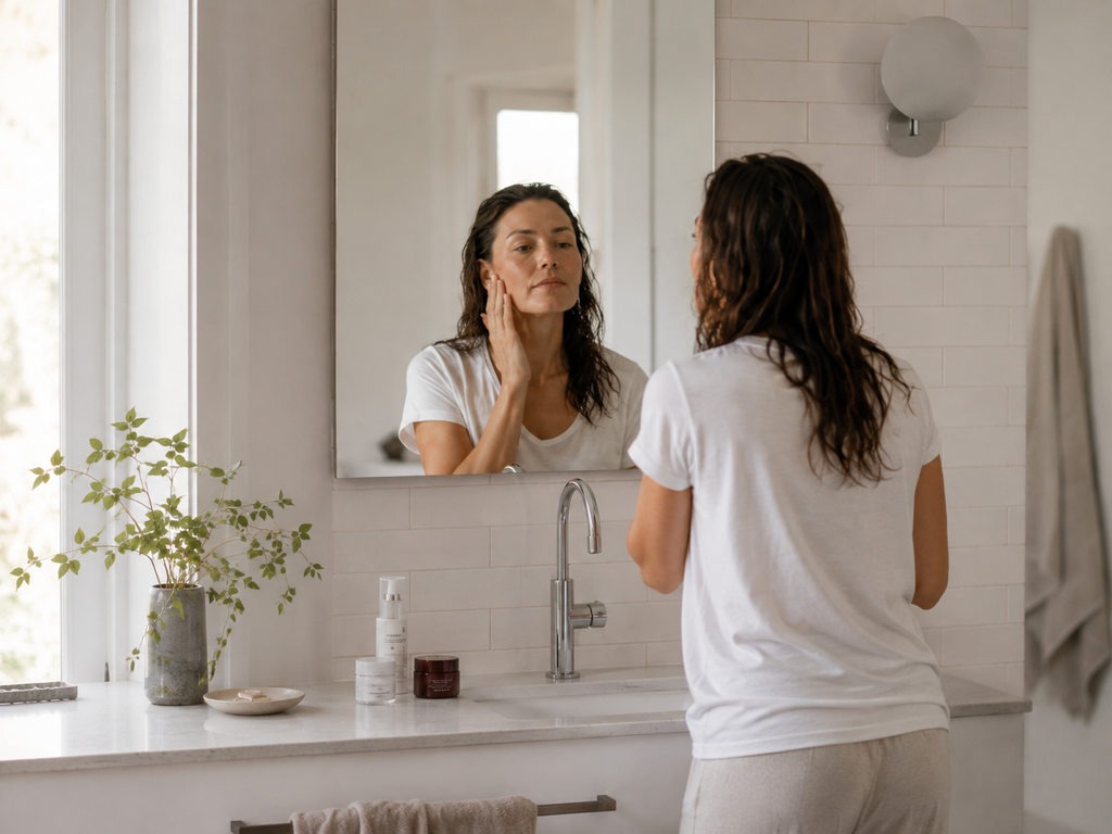 Woman applying moisturizer at the bathroom mirror during a simple Sunday night skincare routine.