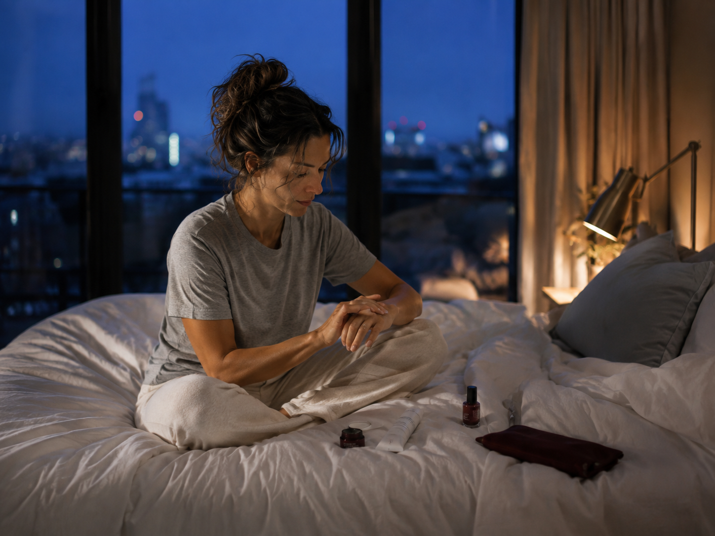 Woman doing her Sunday evening beauty routine on the bed during blue hour.