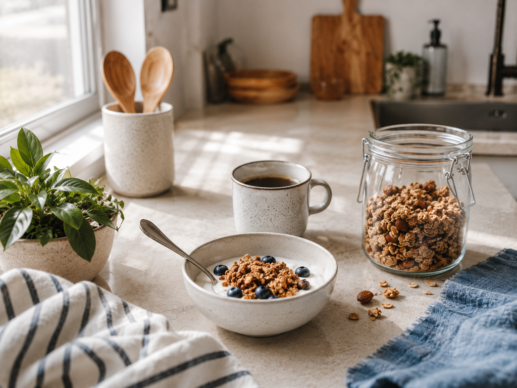 Bowl of yogurt topped with homemade granola and blueberries beside coffee in a sunlit kitchen