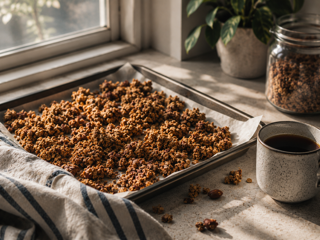 Freshly baked granola cooling on a sheet pan beside a mug of coffee in soft morning light