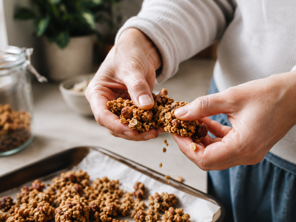 Hands breaking apart crunchy homemade granola clusters over a sheet pan
