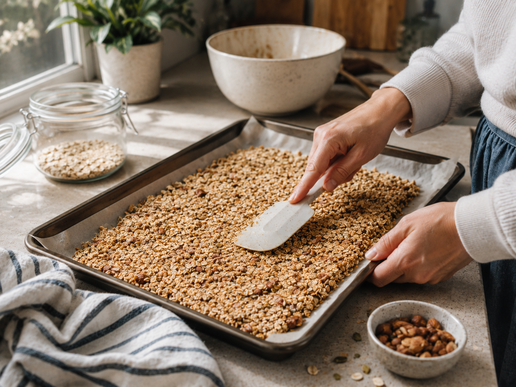 Unbaked granola mixture being pressed into an even layer on a parchment-lined sheet pan