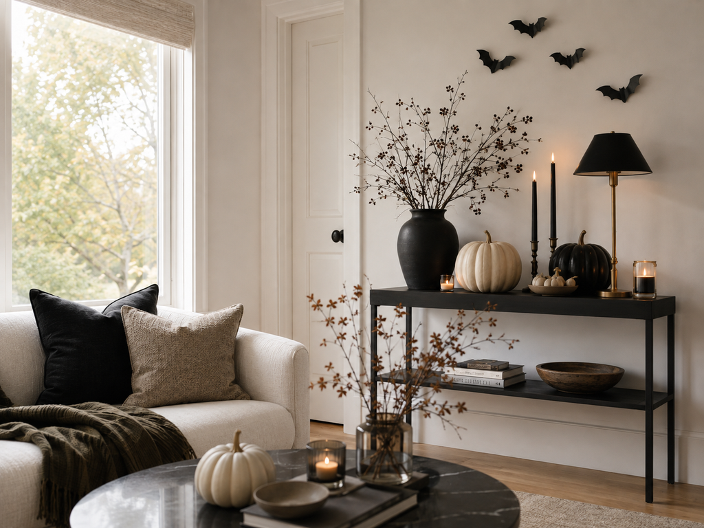 Bright neutral living room with black and white pumpkins, simple branches and understated Halloween bat decorations.