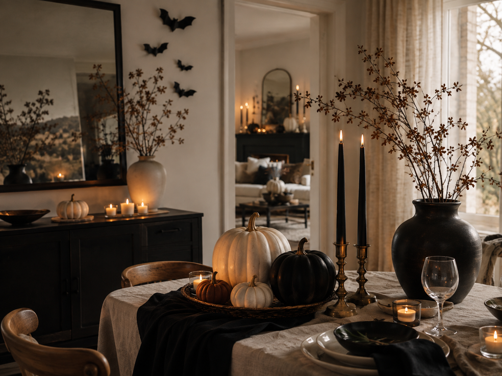 Atmospheric Halloween dining room with black taper candles, neutral pumpkins, branches and warm evening light.