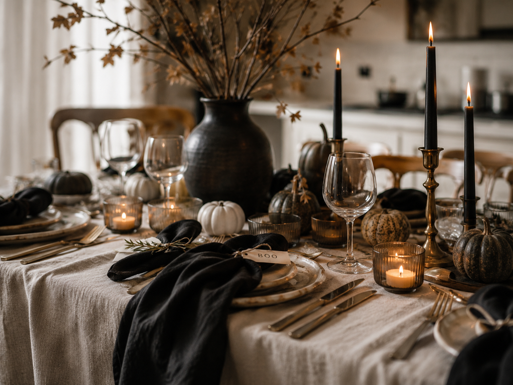Close-up of an elegant Halloween table with black napkins, small pumpkins, brass candleholders and glowing votive candles.