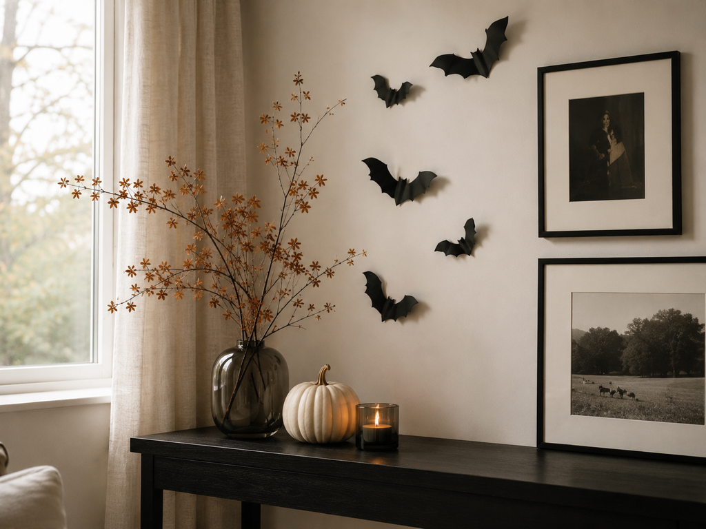 Minimal black paper bats arranged beside framed artwork in a bright neutral living room.