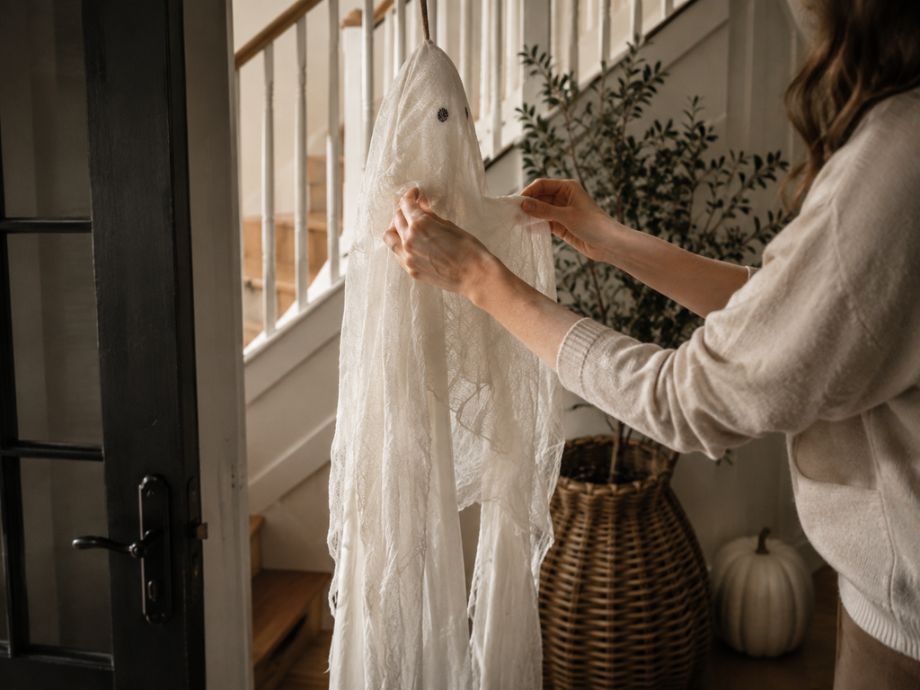 Hands adjusting a simple white cheesecloth ghost in a softly lit Halloween entryway.