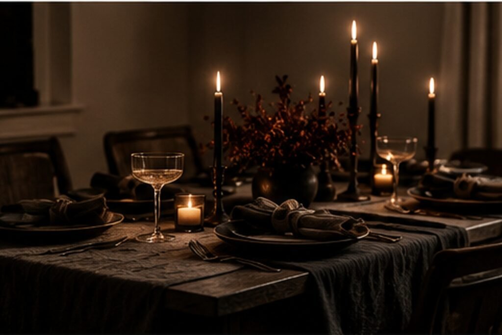 03 — moody Halloween dinner table with dark linen and candles
