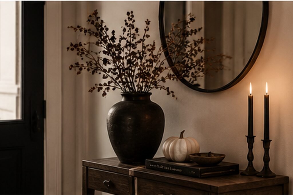 01 — moody Halloween entryway decor with warm candlelight
