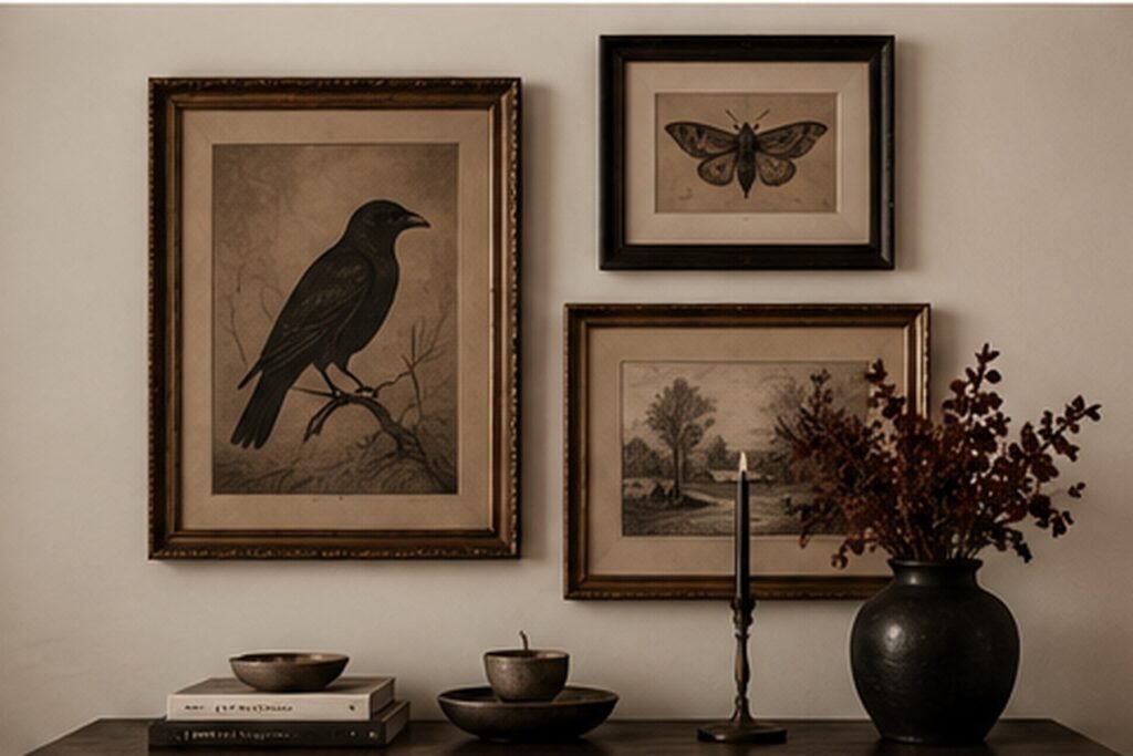 02 — vintage Halloween wall art in a modern apartment

