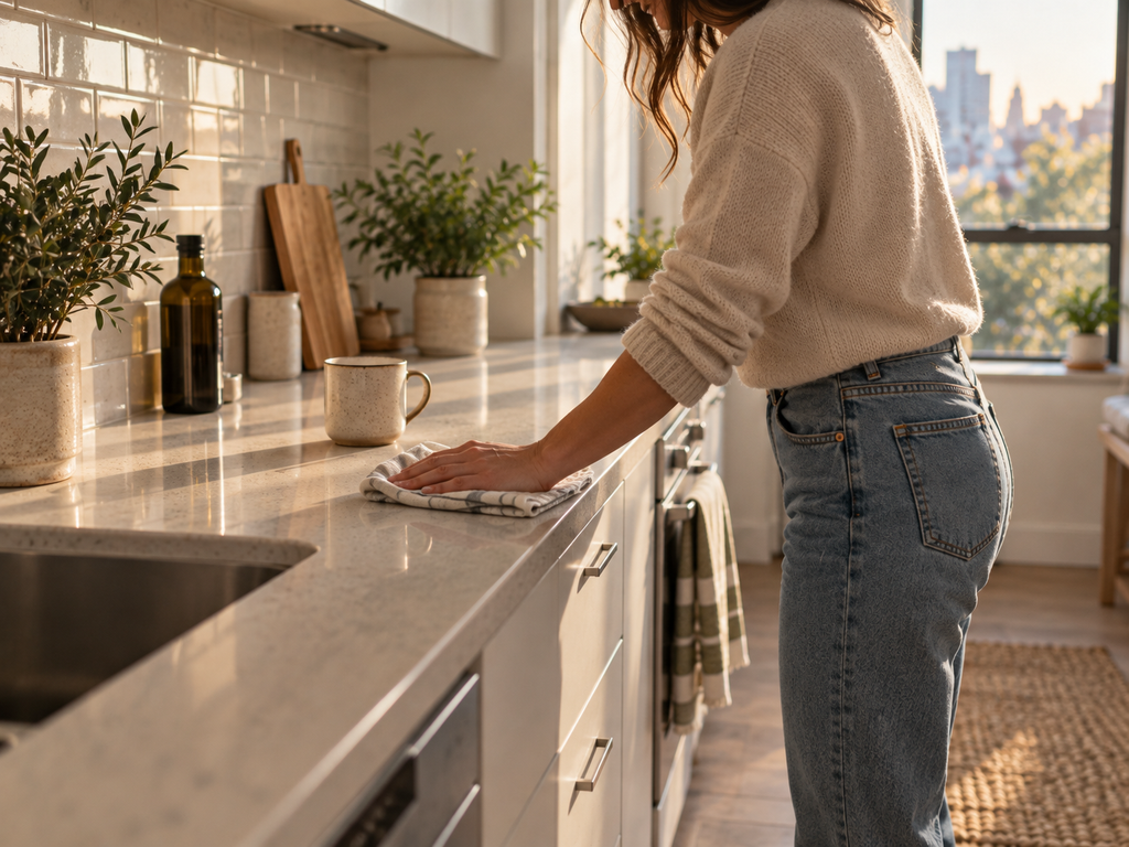 Hand wiping a mostly cleared apartment kitchen counter during a simple Sunday reset.