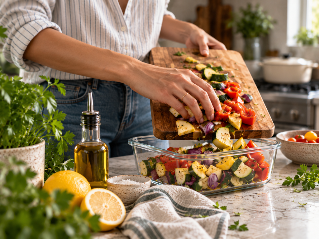 Hands transferring seasoned vegetables into a glass container during weekend dinner prep.