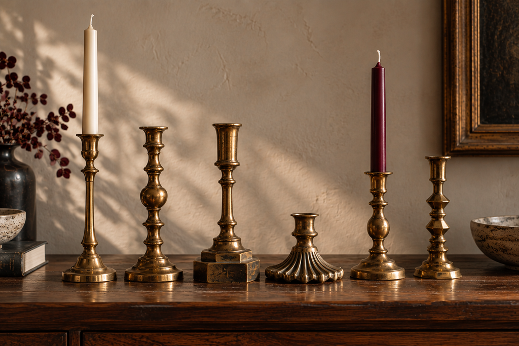 A lineup of brass candlesticks with slender, turned, geometric and sculptural silhouettes in different heights.