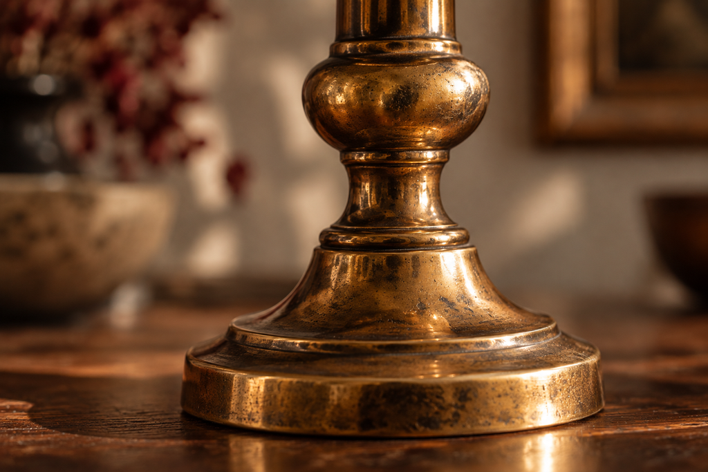 Close-up of aged brass candlesticks showing uneven brown-gold patina, darker recesses and natural surface wear.